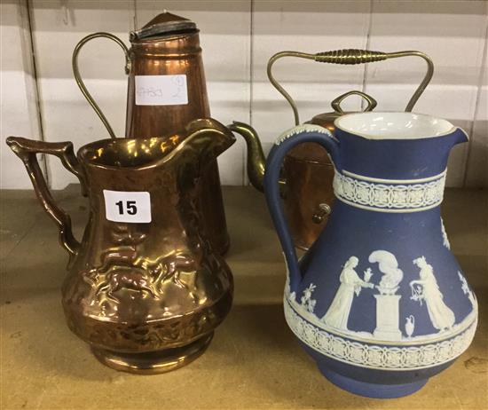 Wedgwood jasper jug, a copper lustre jug and 2 copper vessels